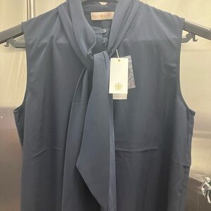 Tory Burch Dark Blue Sleeveless Blouse with Tie Detail